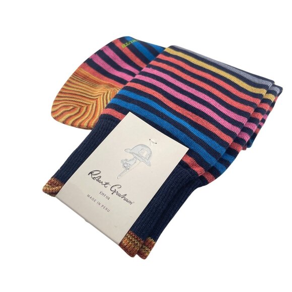 Robert Graham Mens Hillside Striped Crew Socks Navy Pima Cotton Blend - Picture 5 of 6